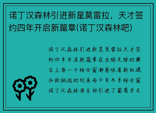 诺丁汉森林引进新星莫雷拉，天才签约四年开启新篇章(诺丁汉森林吧)