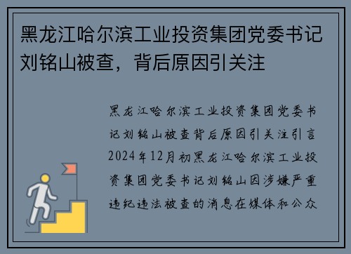 黑龙江哈尔滨工业投资集团党委书记刘铭山被查，背后原因引关注